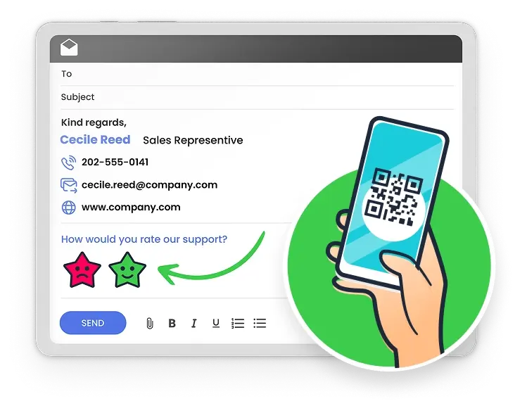 A mockup of a tablet with a email signature on the screen. An arrow pointing towards rating buttons